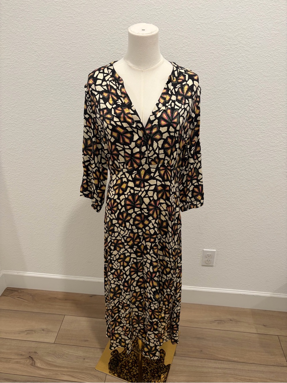 Ba&sh Floral Mosaic V-Neck Midi Dress - Black & yellow size medium